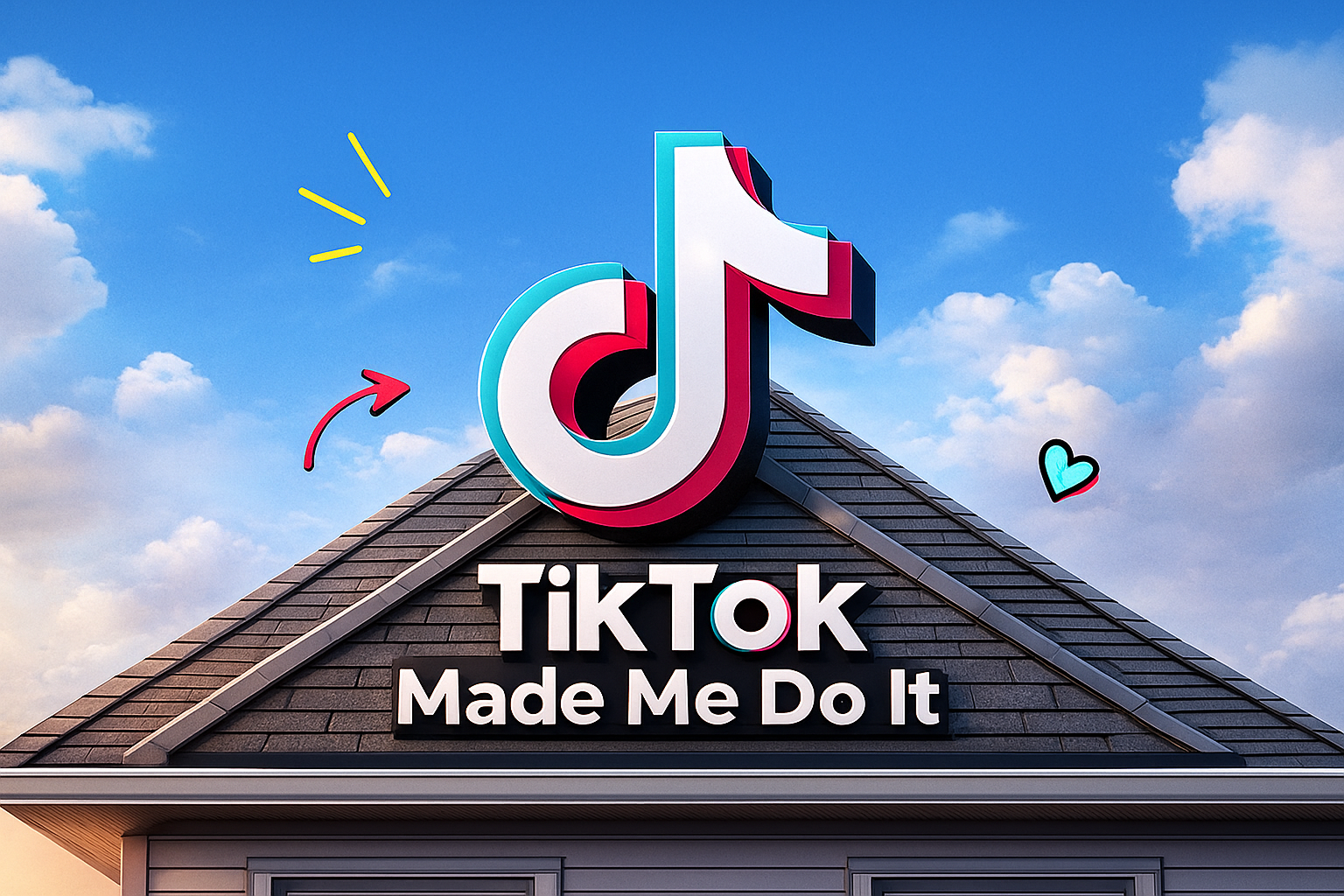 TikTok logo over a house roof graphic for a fun roofing blog by Taylor Made Services.