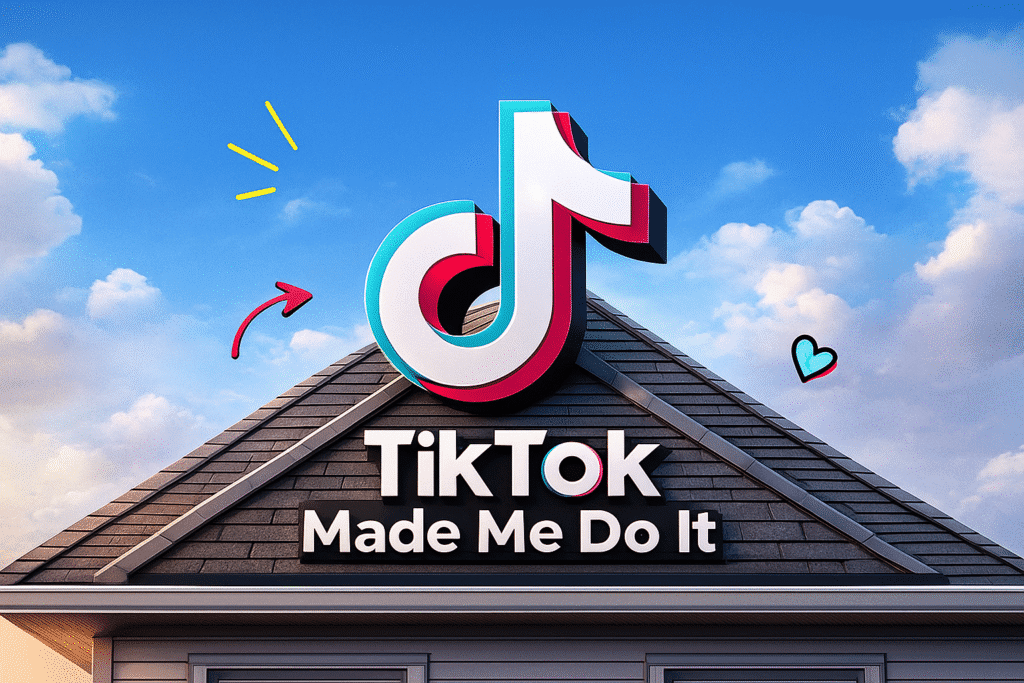 TikTok logo over a house roof graphic for a fun roofing blog by Taylor Made Services.