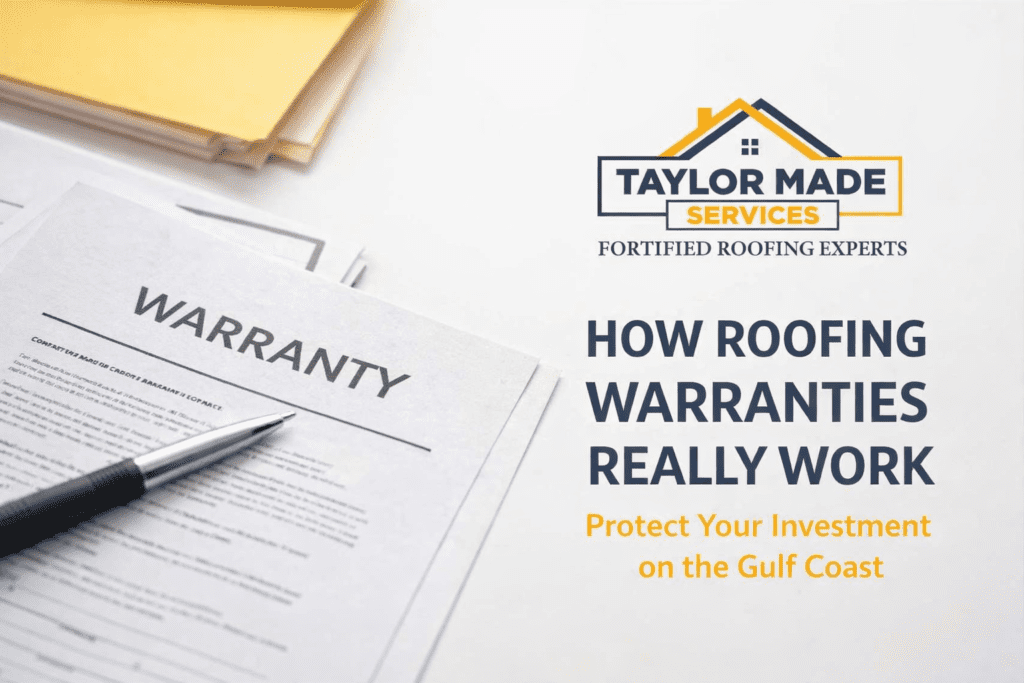 Roofing warranty paperwork with pen