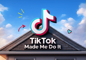 TikTok logo over a house roof graphic for a fun roofing blog by Taylor Made Services.